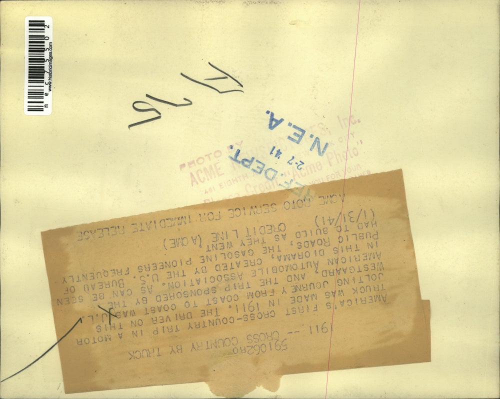 1941 Press Photo of depiction of 1st cross country trip via motor truck in 1911