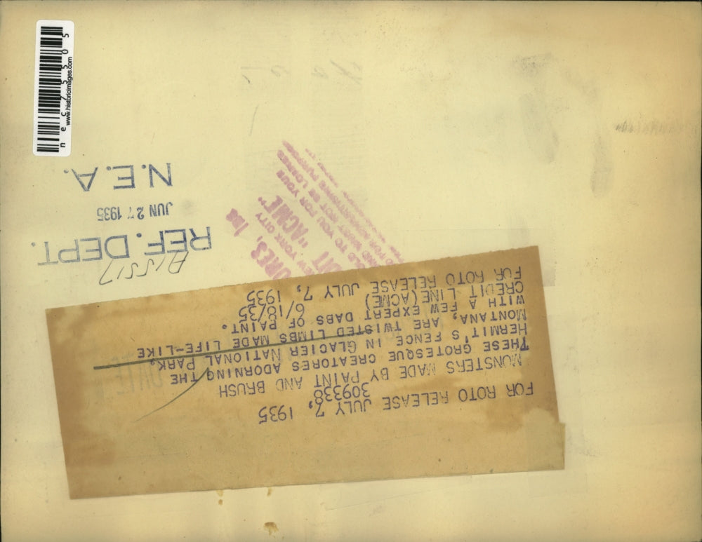 1935 Press Photo driftwood art adorn hermit's cottage in Glacier National Park