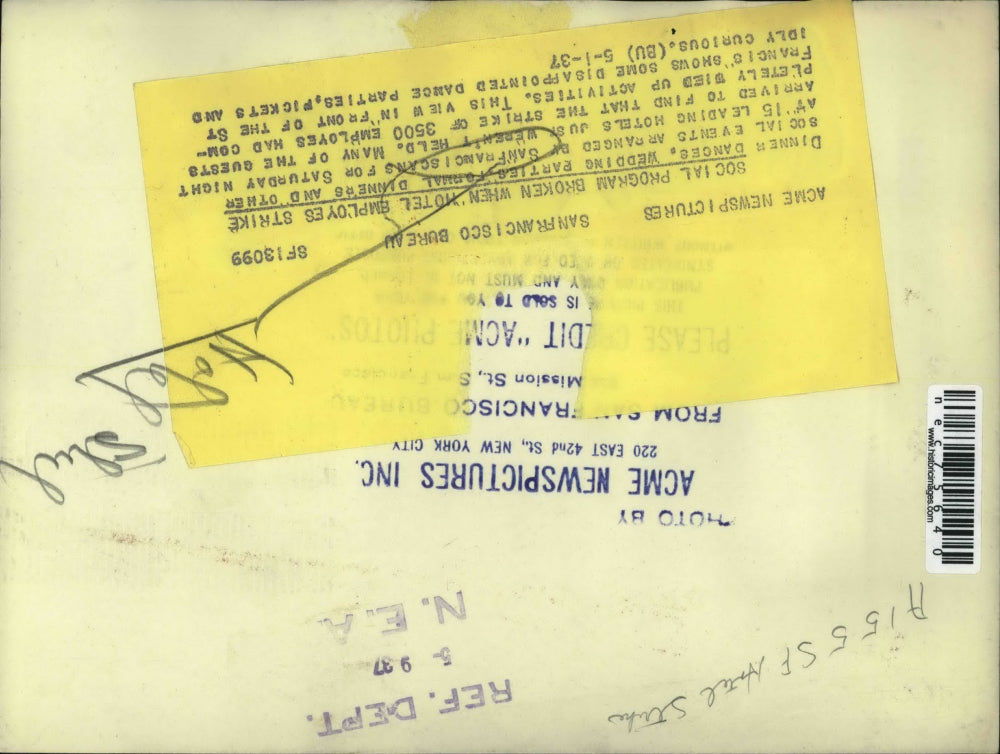 1937 Press Photo Disappointed Parties at St. Francis Hotel When Employees Strike