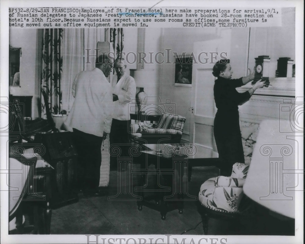 1951 Press Photo Employees of St Francis Hotel rearranging rooms for Delegates