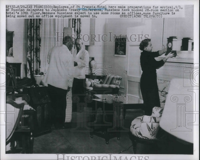 Load image into Gallery viewer, 1951 Press Photo Employees of St Francis Hotel rearranging rooms for Delegates
