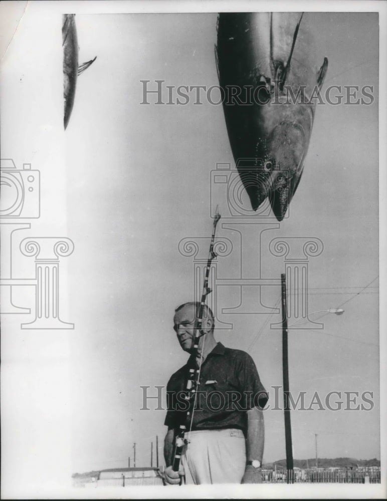 Load image into Gallery viewer, 1960 Press Photo Dr. W. Harry Peters Poses with 197-Pounder Fish Caught
