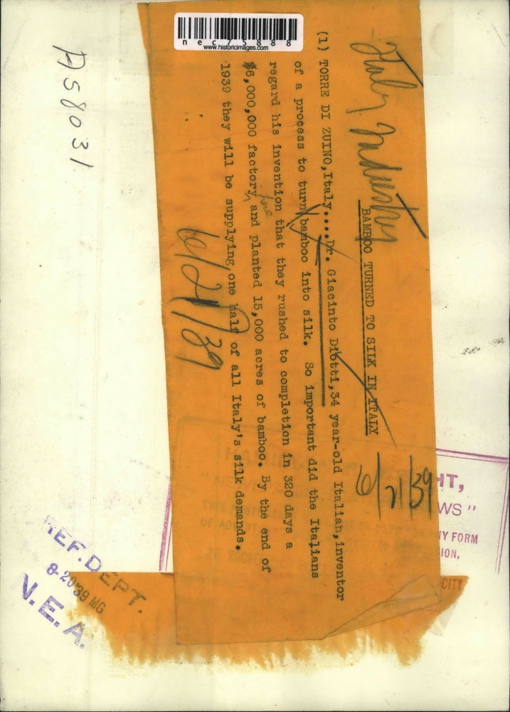 1939 Press PhotoDr. Giacinto Dibtti inventor of turning bamboo into silk