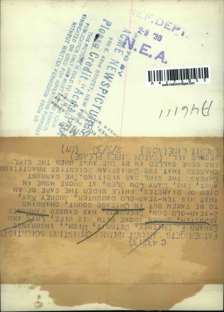 1930 Press Photo Father gets warrant naming Christian Scientis Edward F Whitney