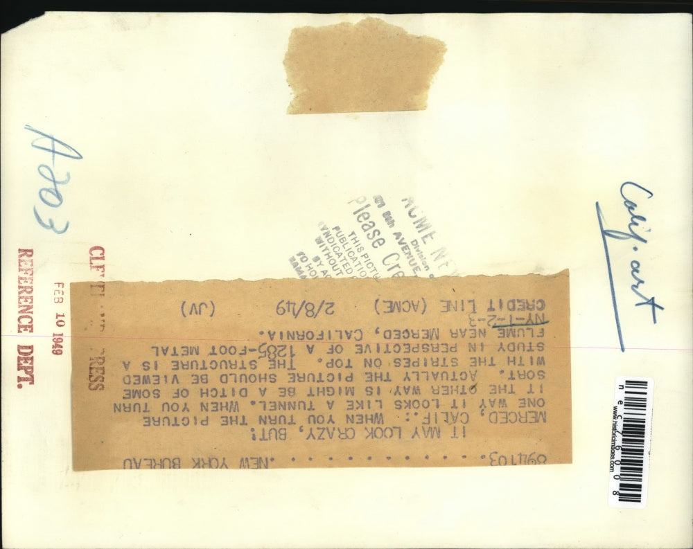 1949 Press Photo View of a Metal Flume Near Merced, CA