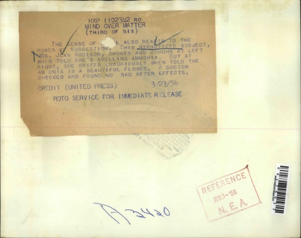 1956 Press Photo Mrs. Jean Addison Shows Expression with Sense of Smell