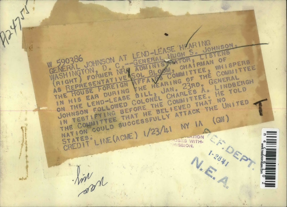 1941 Press Photo Gen Hugh S. Johnson listens to Rep Sol Bloom during hearing