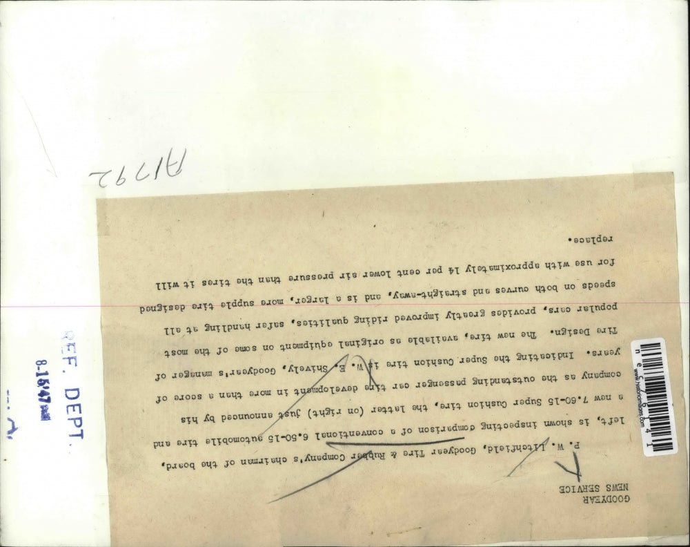 1947 Press Photo P.W.Litchfield of Goodyear Tire & Rubber compare auto tire.