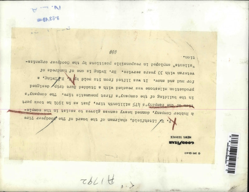Load image into Gallery viewer, 1949 Press Photo P.W. Litchfield assist in completion of 475 millionth Tire.
