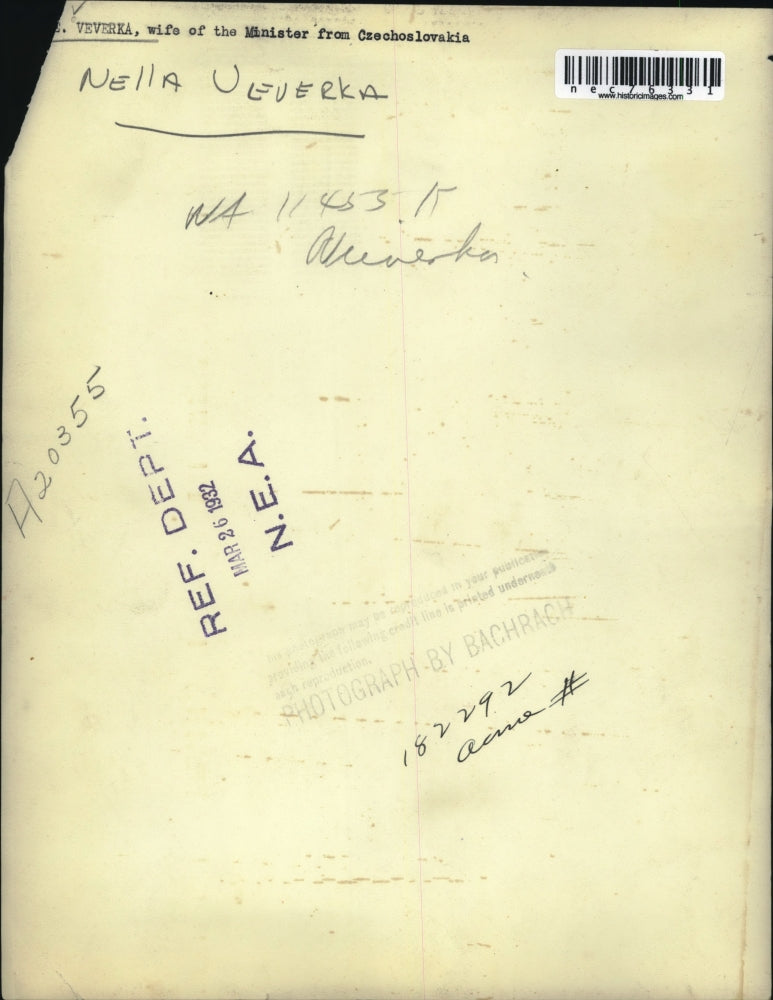 1932 Press Photo Nella Veverka Wife Of Czechoslovakian Minister