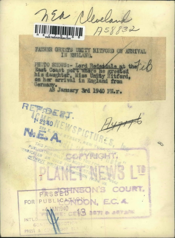 1940 Press Photo Lord Redesdale at EastCost port Unitiy Hitford arrives England