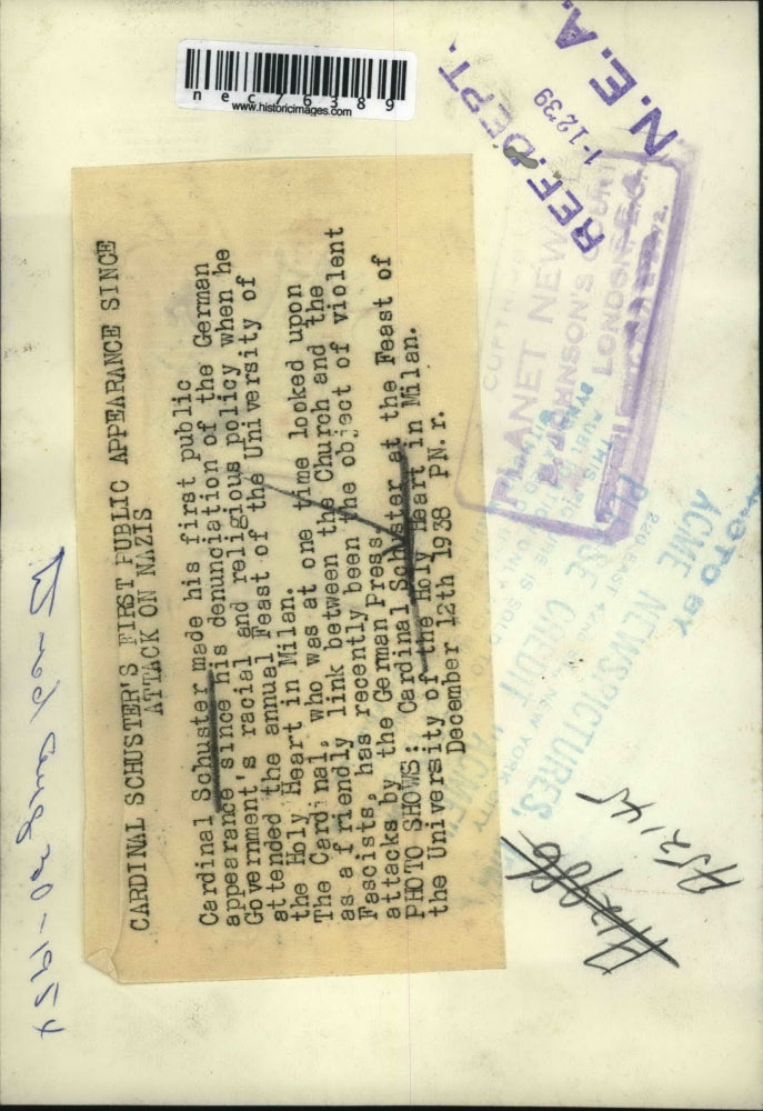 1939 Press Photo Cardinal Shuster at Feast of the Univeristy Holy Heart Milan