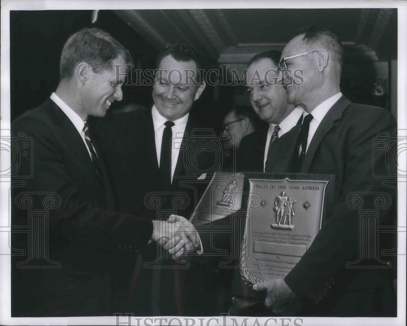 Load image into Gallery viewer, 1961 Press Photo Robert F Kennedy congratulates two Coaches of the Year
