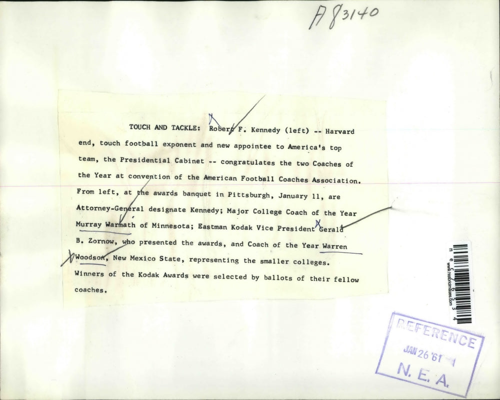 1961 Press Photo Robert F Kennedy congratulates two Coaches of the Year