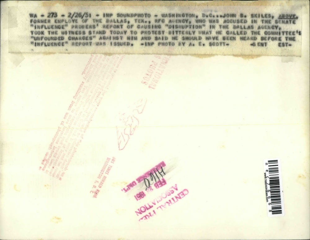 1951 Press Photo John Skiles Testifies During Senate Hearing