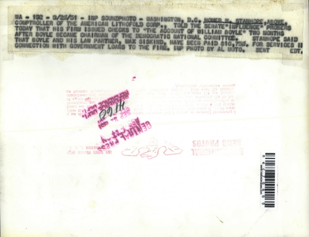 1951 Press Photo Homer Stanhope Testifies In Senate Influence Hearings