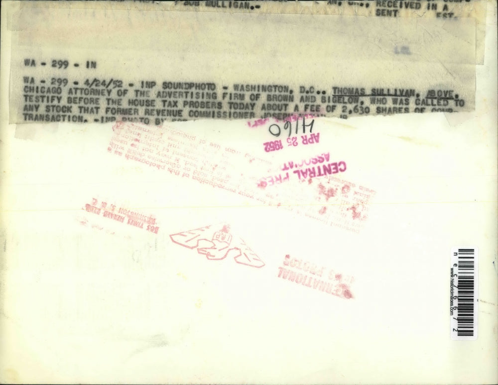 1952 Press Photo Attorney Thomas Sullivan Appears Before House Tax Probers