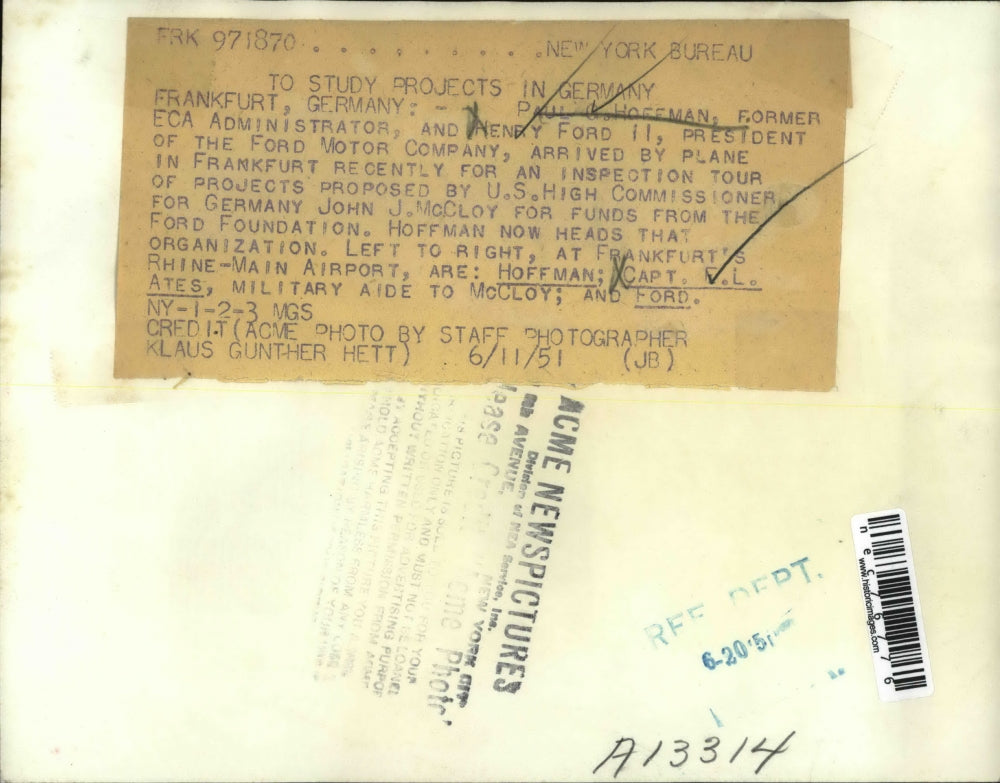 1951 Press Photo Frankfurt, Germany Paul Hoffman,Henry Ford, Capt EL Ates
