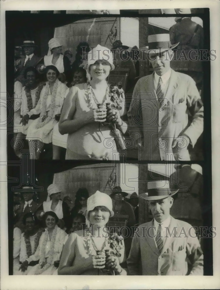 Load image into Gallery viewer, 1930 Press Photo James Dole &amp; Maryan Jenson at Wheeler Field awaiting derby
