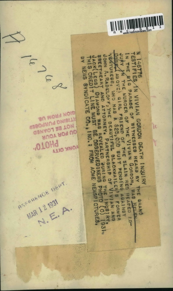 1931 Press Photo Helen Dore witnesses murder Vivian Gordon, suit pending against