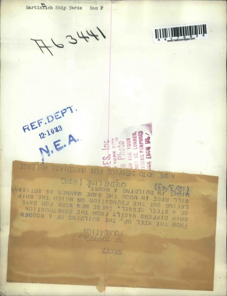 1943 Press Photo Wooden ship at Martinolich Ship Yard - nec76934