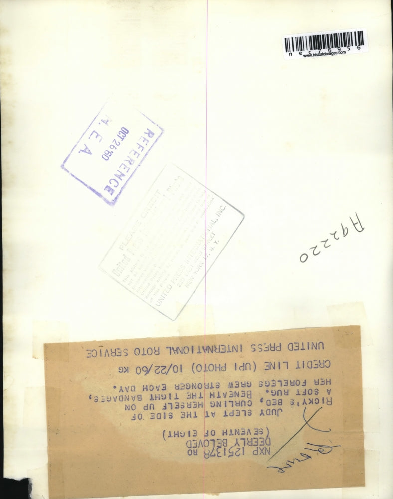 1960 Press Photo Judy the Deer sleeps at the side of Ricky's bed in soft rug.