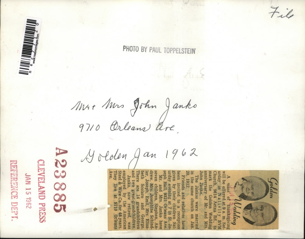 1962 Press Photo Mr. and Mrs. John Janko's golden anniversary