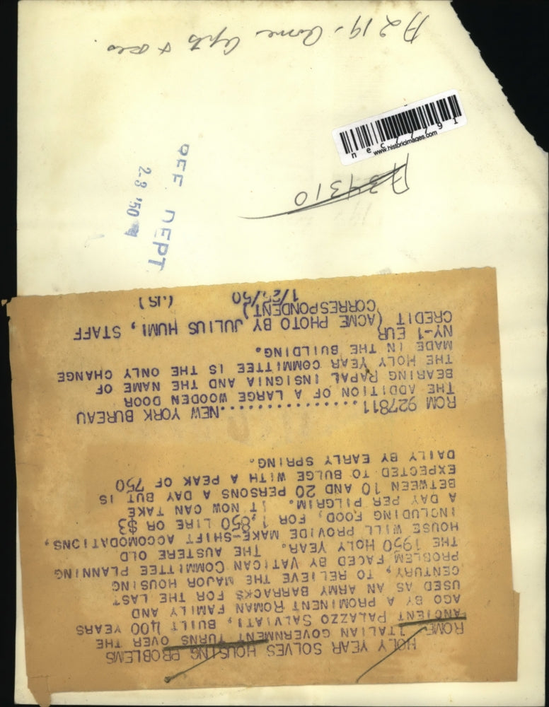 1950 Press Photo Rome, Italynew door with Papal insignia at Palazzo Salvati bldg