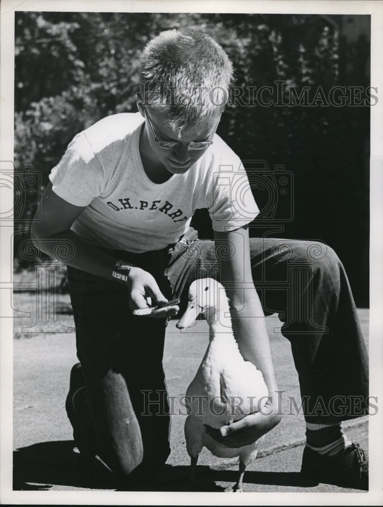 1952 Press Photo A boy feeding a duck in a Cleveland park- Historic Images