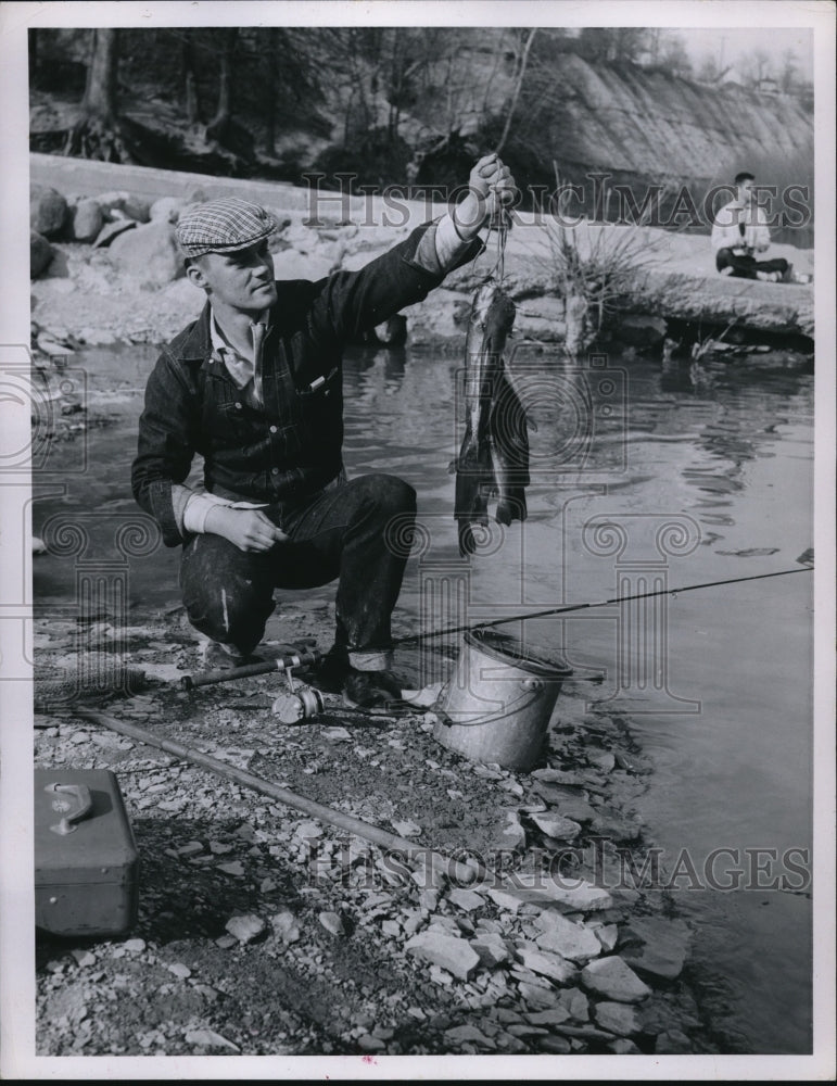 1957 Press Photo James Stepic JR fishing on the Rocky River