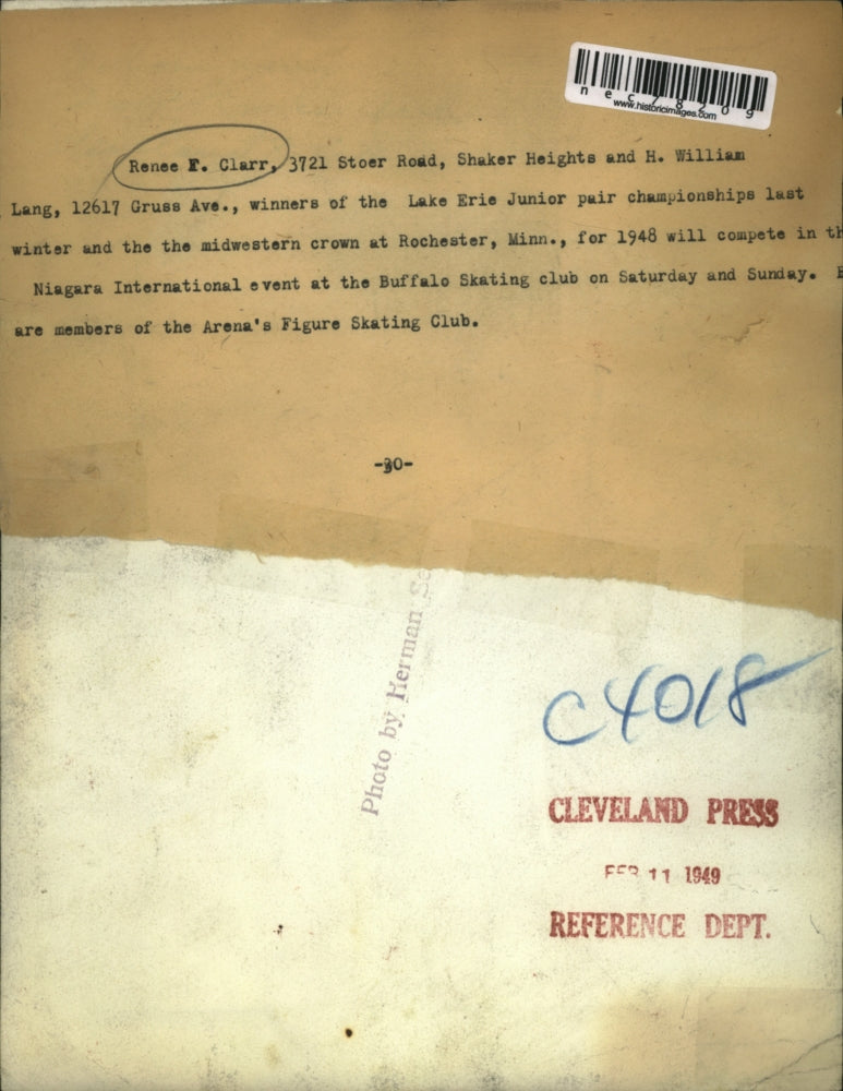 1949 Press Photo Renee F Clarr & H Wm Lang Lake Erie Jr pair skaters