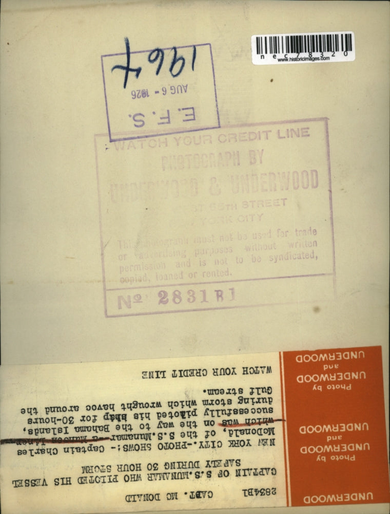 1926 Press Photo Captain Charlee McDonald of the SS Munamar - nec78320