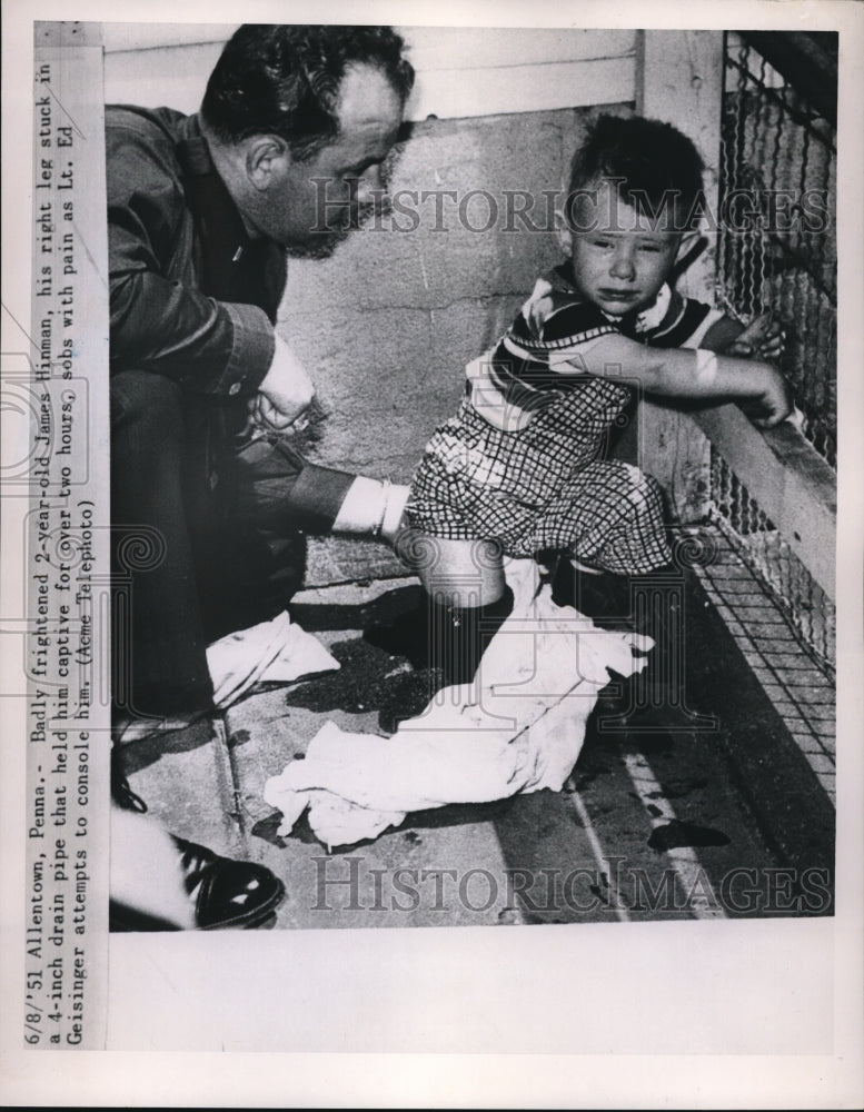 1951 Press Photo 2-year-old James Hinman, right leg stuck in drain pipe with- Historic Images