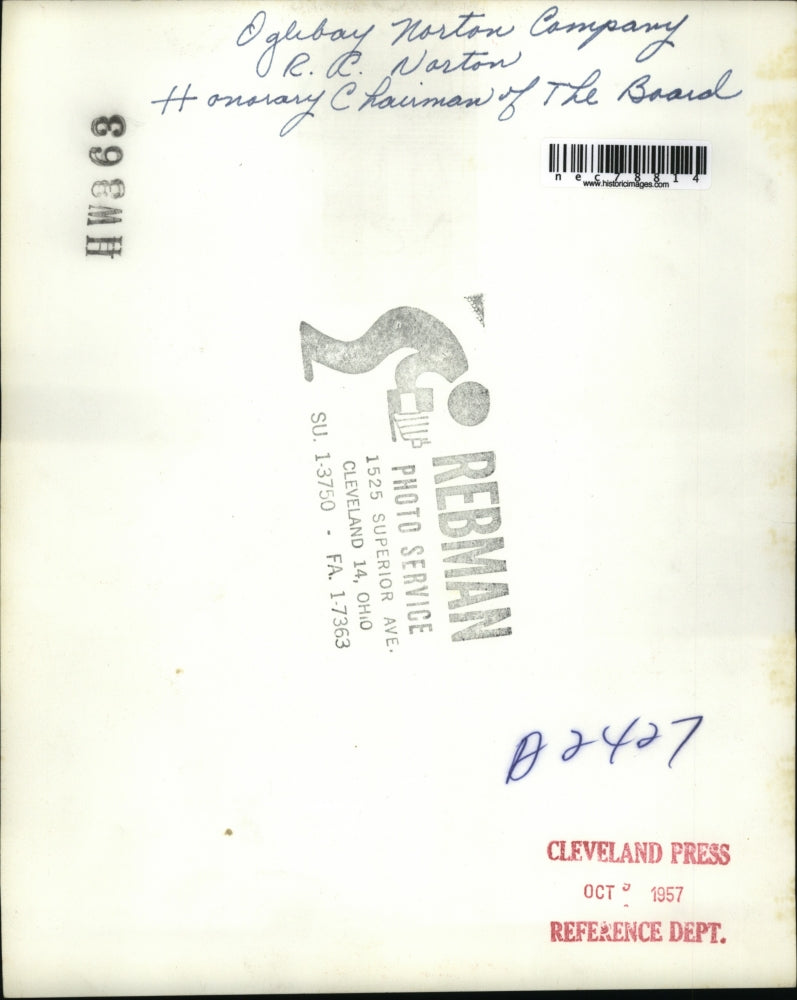 1957 Press Photo RC Norton, Oglibay Norton Company, Honorary Chairman of Board