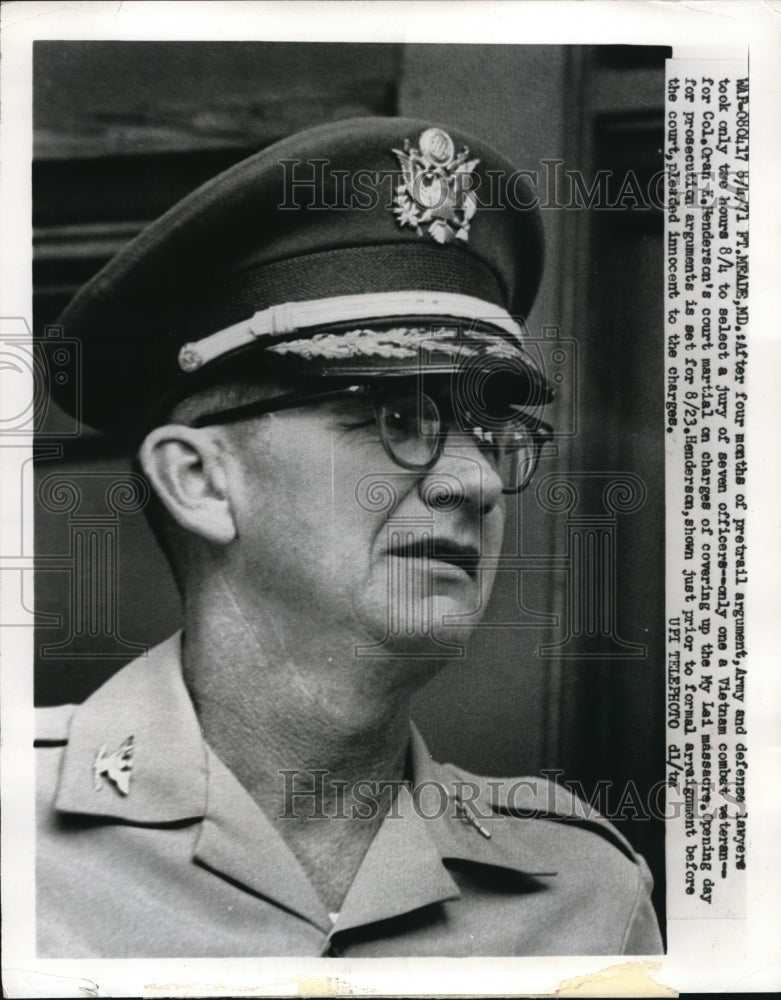 1971 Press Photo Ft Meade Md Col Oran K Henderson court martial in Mai Lai mass,