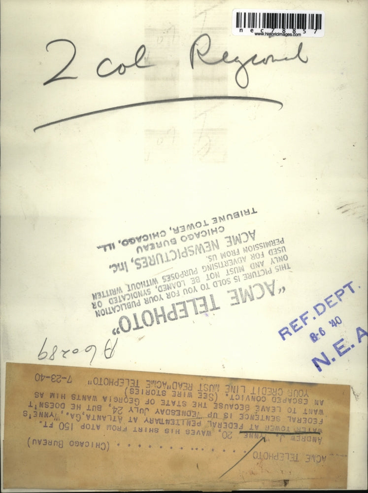 1940 Press Photo Andrew J Wynne on water toer at Fed Penitentary at Atlanta, Ga