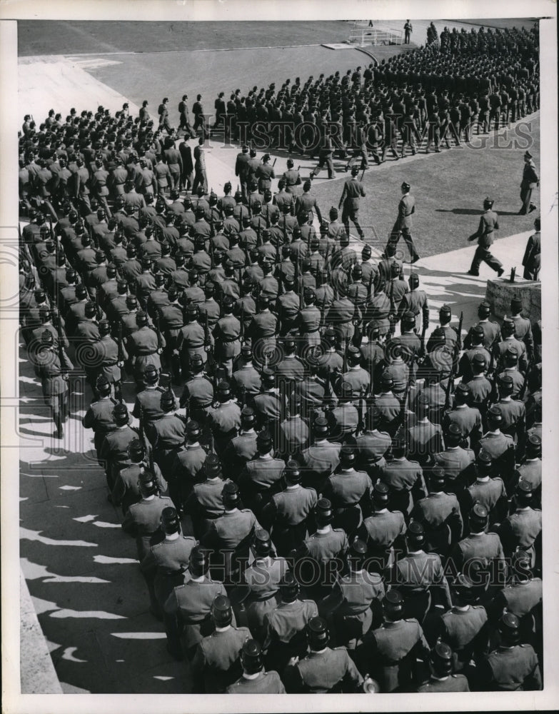 Load image into Gallery viewer, 1952 Press Photo West Berlin Police Enter Olympic Stadium for Sport Festival
