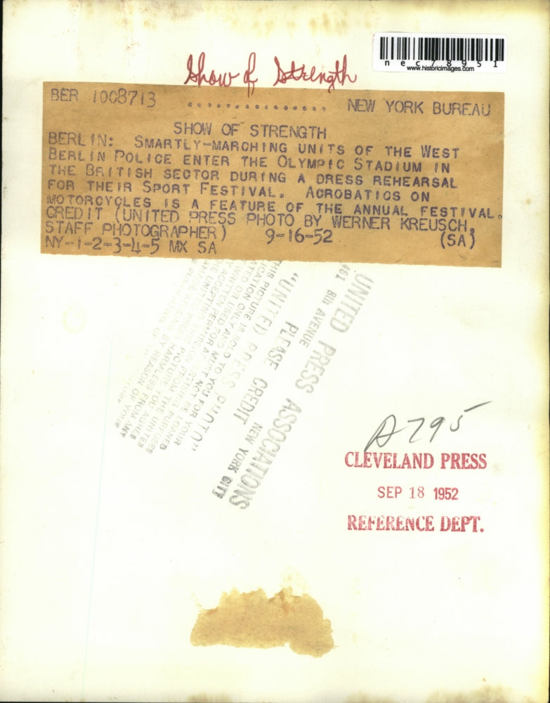 1952 Press Photo West Berlin Police Enter Olympic Stadium for Sport Festival