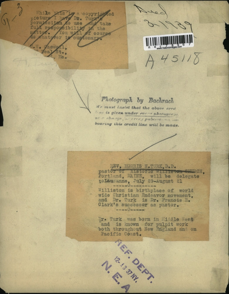 1937 Press Photo Rev. Morris H. Turk D.D. Pastor of Historic Williston Church