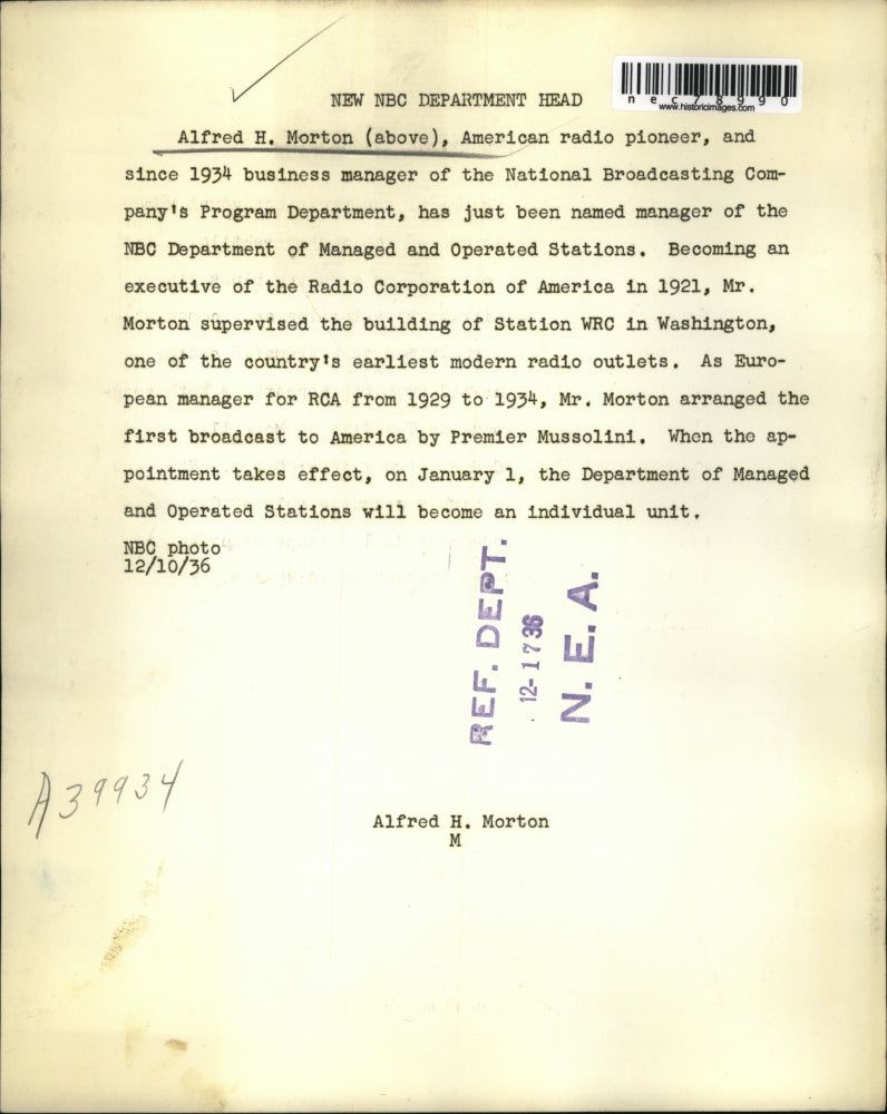 1936 Press Photo Alfred H. Morton American radio pioneer Named NBC Manager