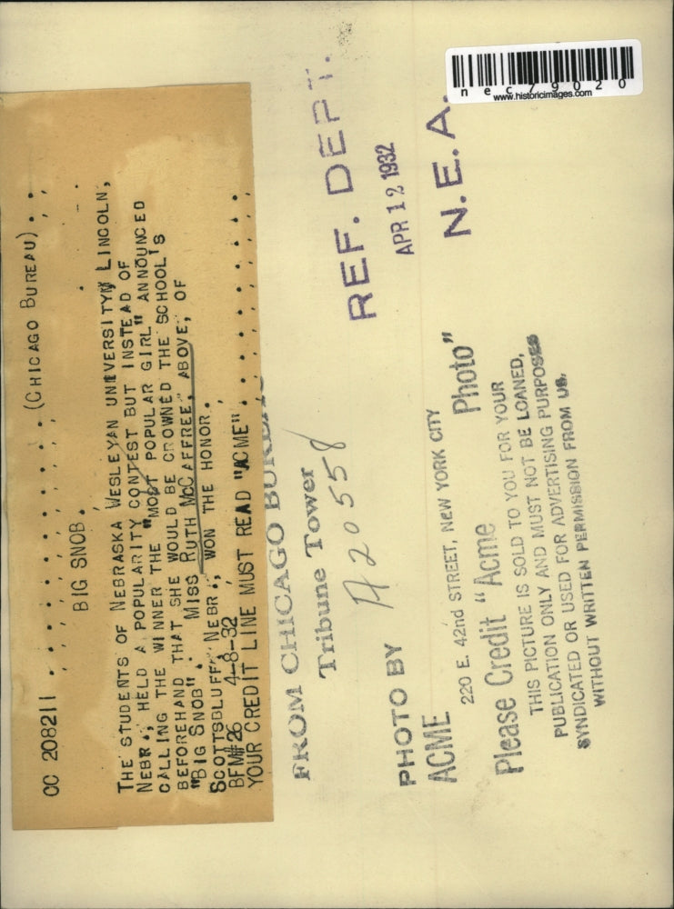 1932 Press Photo Miss Ruth McCaffree of Neb Wesleyan Univ