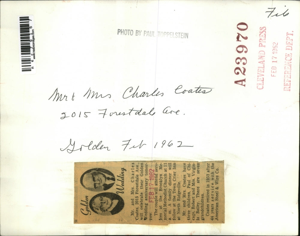 1962 Press Photo Mr & Mrs Charles Coates celebrate Golden anniversary