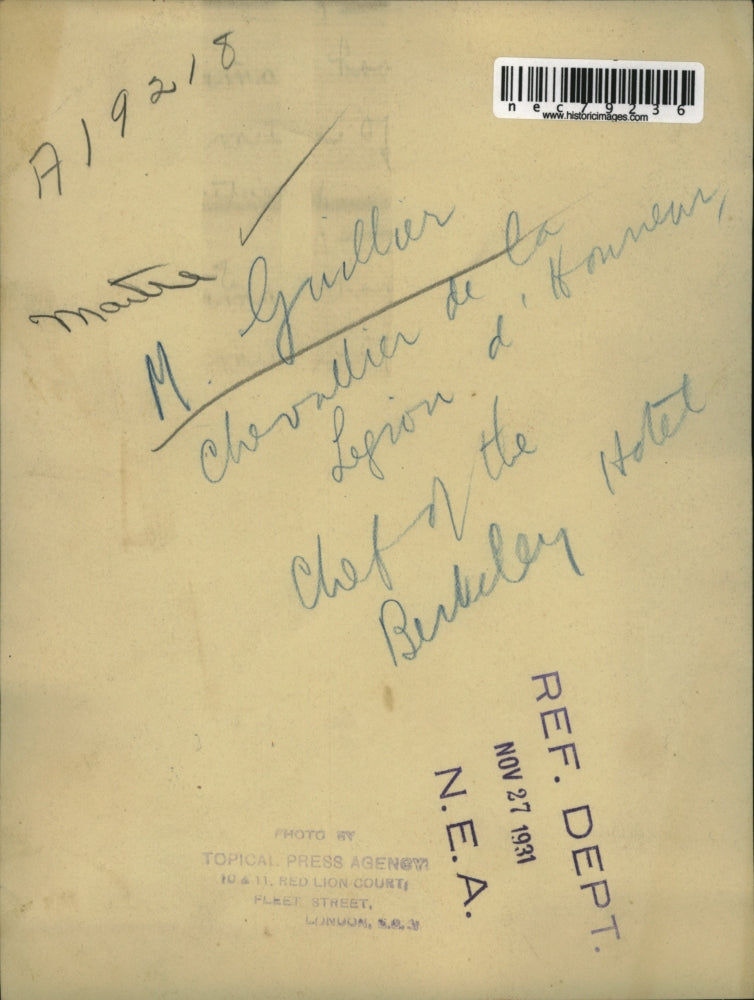 1931 Press Photo M Guliver Chef At Berkeley Hotel