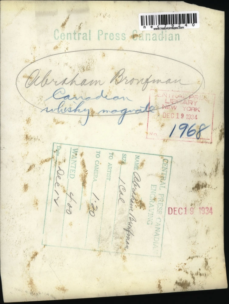 1934 Press Photo Abraham Bronfman Canadian Whiskey Magnate