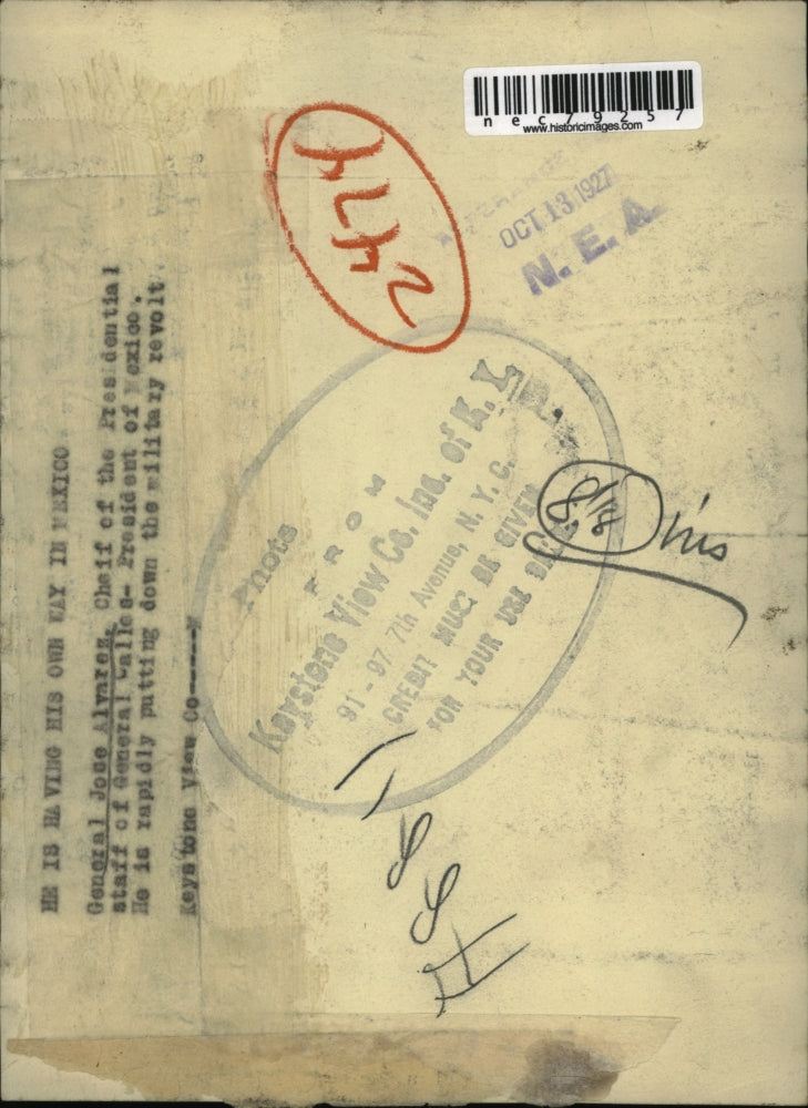 1927 Press Photo General Jose Alvarez Chief of Staff Mexican staff