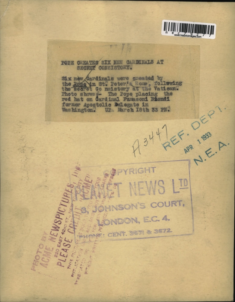 1933 Press Photo St Peters Church, Rome 6 new cardinals created