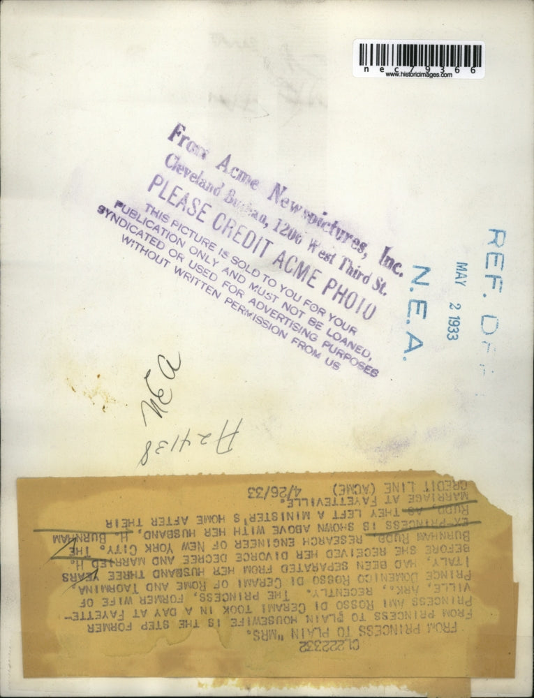 1933 Press Photo H Burnham Rudd & wife nee Princess Ami Russo Di Cerami