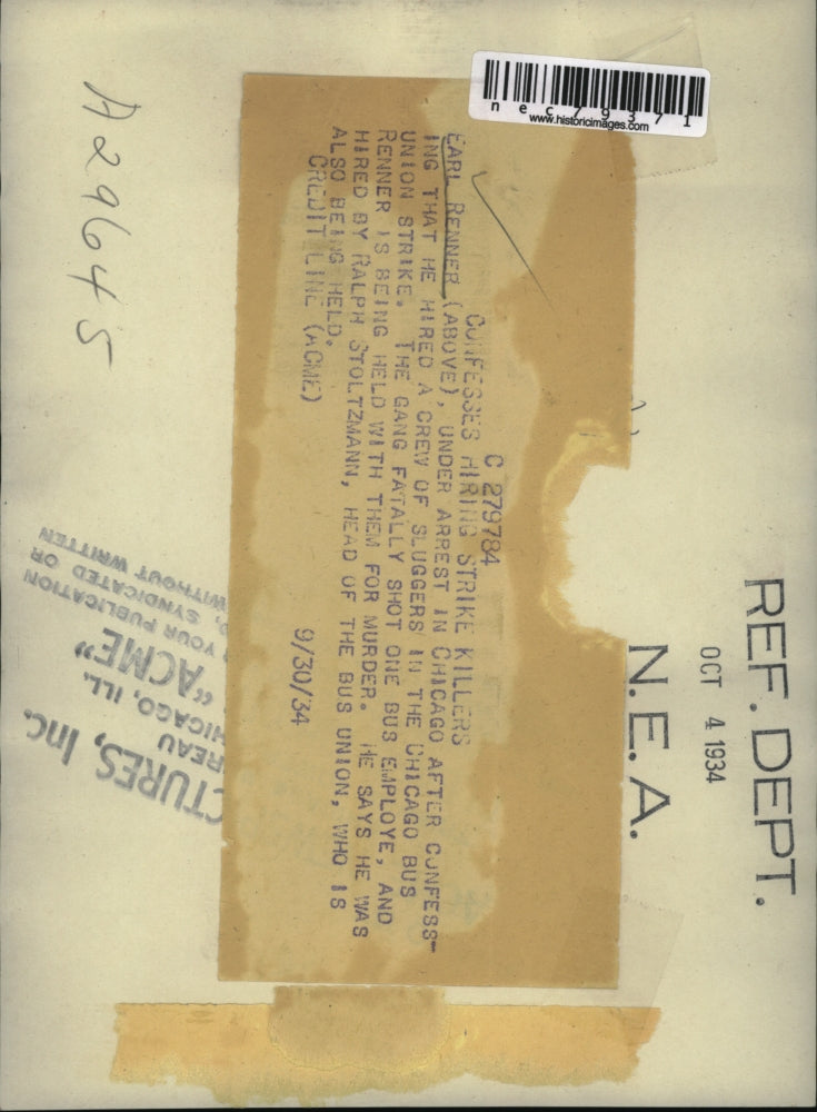 1934 Press Photo Earl Renner arrested I Chicago for strike breaking