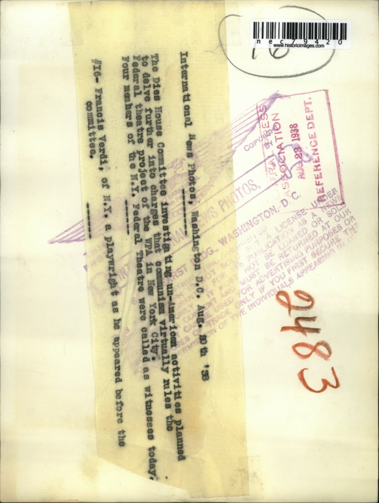 1938 Press Photo The Dies House Committee Francis Verdi playwright