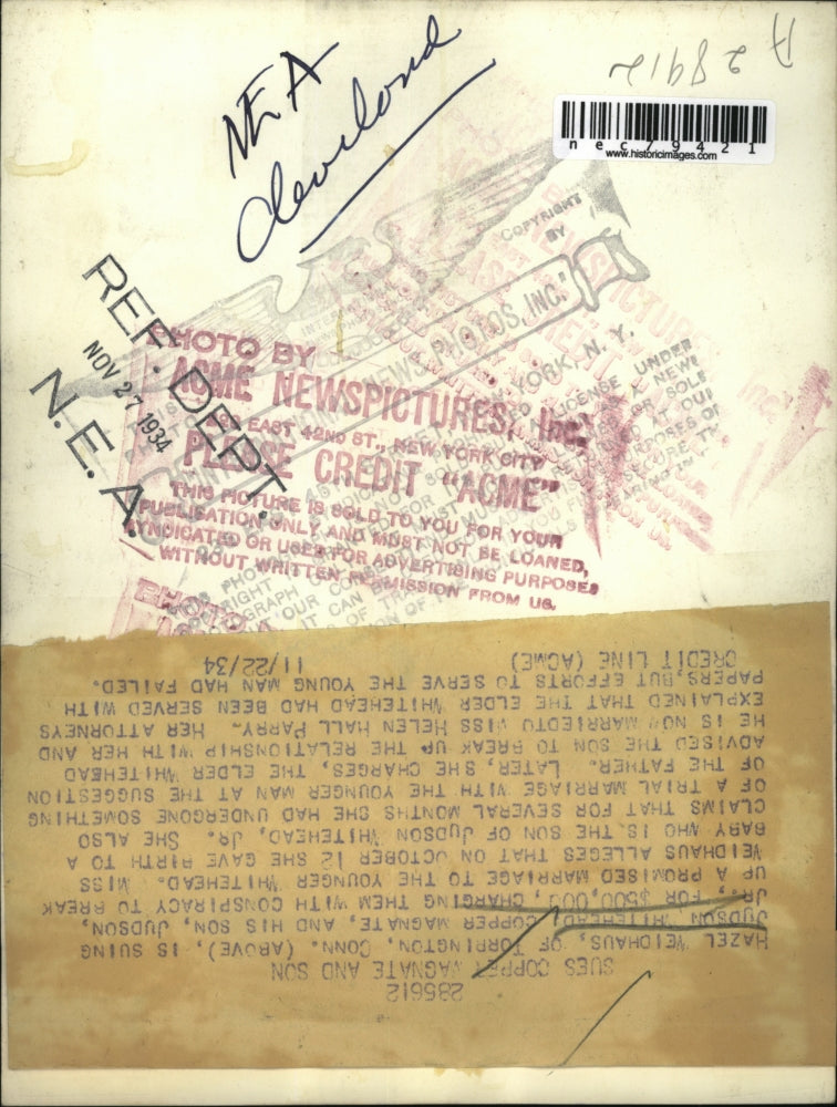 1934 Press Photo Hazel Weidhaus of Torrington, Conn suing J Whitehead